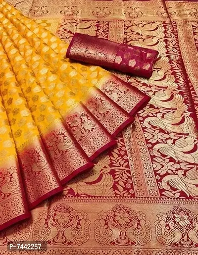 Banarasi Silk Yellow Red Woven Saree with Blouse Piece