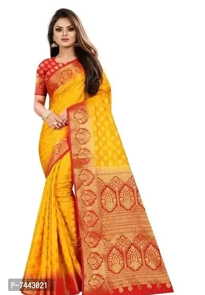 Banarasi Silk Yellow Red Woven Saree with Blouse Piece