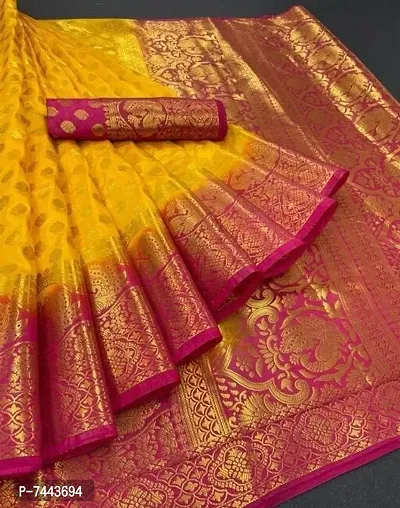 Banarasi Silk Yellow Pink Woven Saree with Blouse Piece-thumb0