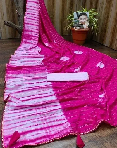 Chanderi Cotton Shibori Printed Lace Border Sarees with Blouse Piece