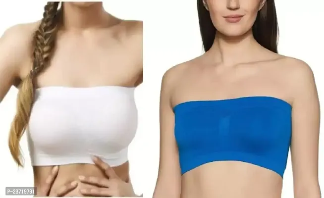 Women Fancy Tube Everyday Plan Bra with Transparent Strips Tube Bra (Pack of 2) (L, White_Blue)