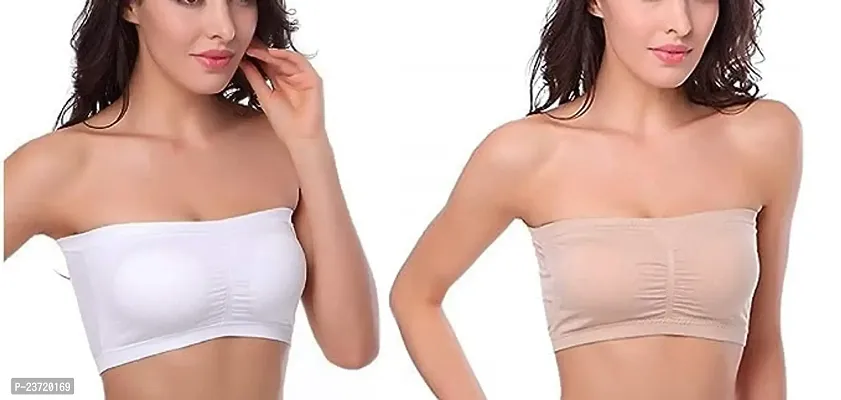 Women Fancy Tube Everyday Plan Bra with Transparent Strips Tube Bra (Pack of 2) (XXXL, Beige_White)