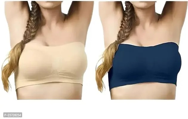 Spandex Non Padded Tube Bandue Bra for Girls and Women (Pack of 2) (S, Beige_N Blue)