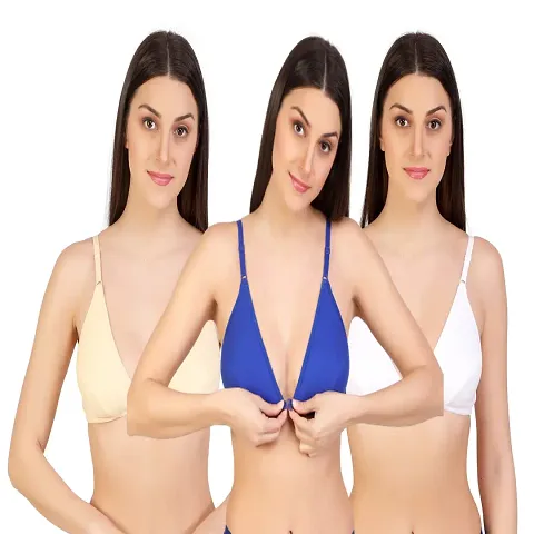 ALYANA Woman's Innerwear Cotton Bra for Woman | Non Wired | Non Padded | Front-Open Plunge Bra Combo Pack of 3 Pcs Set