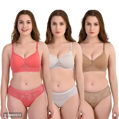 ALYANA Woman's Innerwear Set Cotton Bra Panty Set Non Wired Lingerie Set Lace Padded Bra Pack of 3-thumb0