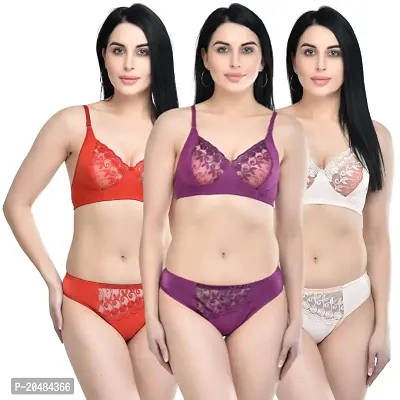 ALYANA Innerwear Cotton Hot  Sexy Bra Panty for Woman | Non Wired | Non Padded | Bridal Lingerie Set Combo Pack of 3 Pcs Set