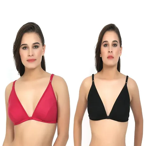 ALYANA Woman's Innerwear Cotton Bra for Woman | Non Wired | Non Padded | Front-Open Plunge Bra Combo Pack of 2 Pcs Set