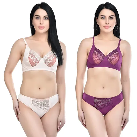ALYANA Innerwear Cotton Hot & Sexy Bra Panty for Woman | Non Wired | Non Padded | Bridal Lingerie Set Combo Pack of 3 Pcs Set