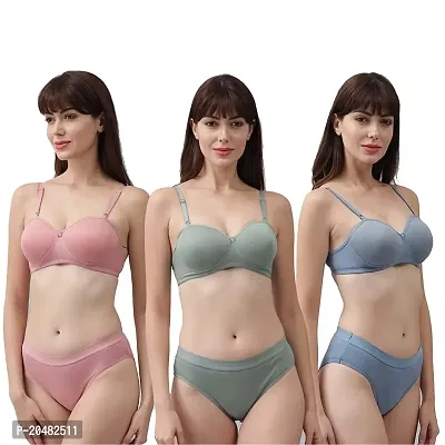 ALYANA Woman's Innerwear Multicolor Cotton Panty Set Non Wired Lingerine Set Full Padded Bra Pack of 3