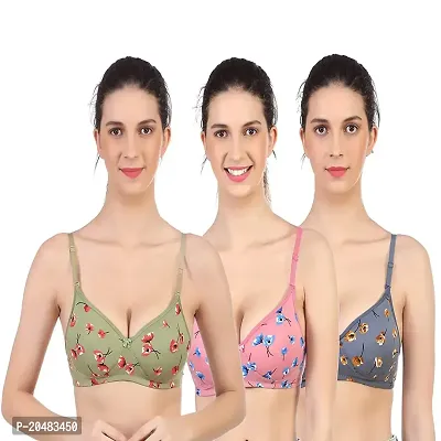 ALYANA Woman's Innerwear Multicolor Cotton Non Wired Floral Printed Padded T-Shirt Bra Pack of 3