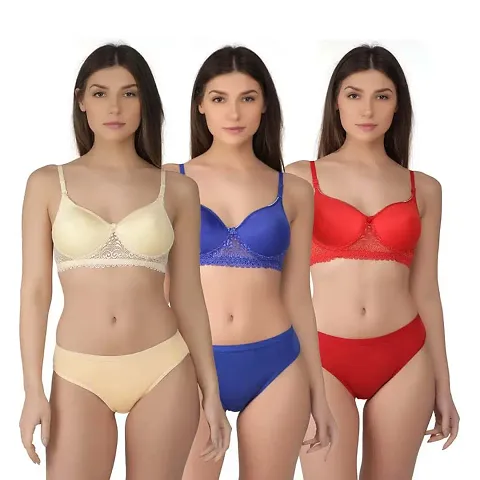StyFun Women Padded Bra Panty Set Lace Cotton Non Wired Full Coverage  T-Shirt Shaper Push up Teenage Regular Use Comfortable Combo Pack  Multi-Color
