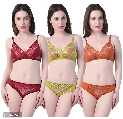 ALYANA Woman's Innerwear Multicolor Cotton Net Sexy Bra Panty Set Non Wired Bridal Lingerine Set Pack of 3