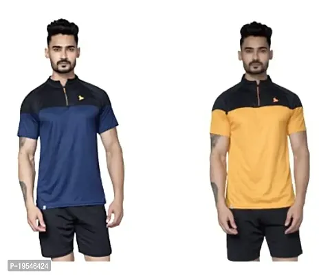 TEES SPORTS Men's High Neck Zipper Polo T-Shirt-Navy Blue,Yellow