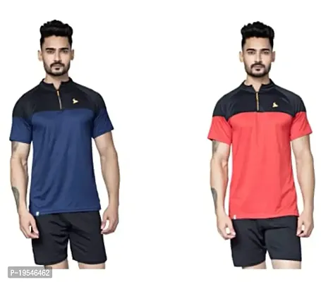 TEES SPORTS Men's High Neck Zipper Polo T-Shirt-Navy Blue,red-thumb0