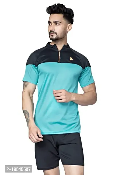 TEES SPORTS Men's High Neck Zipper Polo T-Shirt Blue