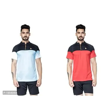 TEES SPORTS Men's High Neck Zipper Polo T-Shirt-Light Blue,red-thumb0