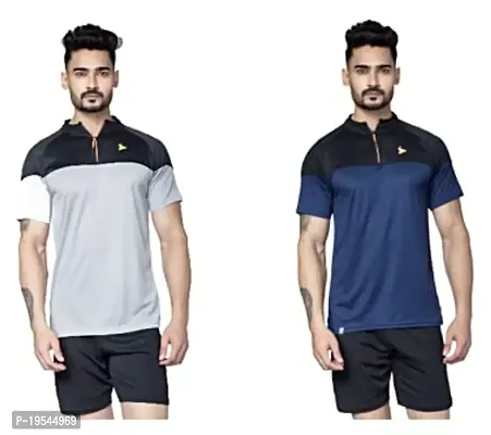 TEES SPORTS Men's High Neck Zipper Polo T-Shirt-Grey,Navy Blue-thumb0