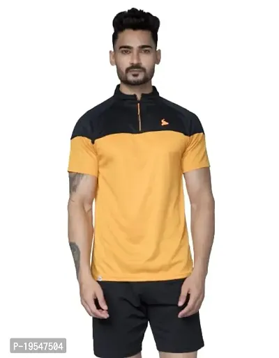 TEES SPORTS Men's High Neck Zipper Polo T-Shirt Yellow