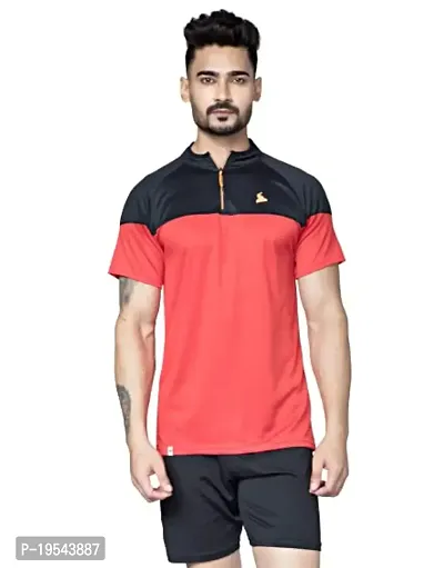 TEES SPORTS Men's High Neck Zipper Polo T-Shirt Red-thumb0