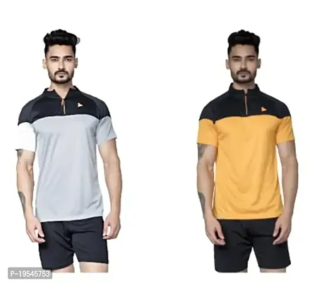 TEES SPORTS Men's High Neck Zipper Polo T-Shirt-Grey,Yellow-thumb0