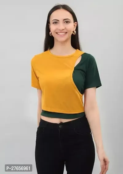 Elegant Yellow Cotton Blend Colourblocked Top For Women