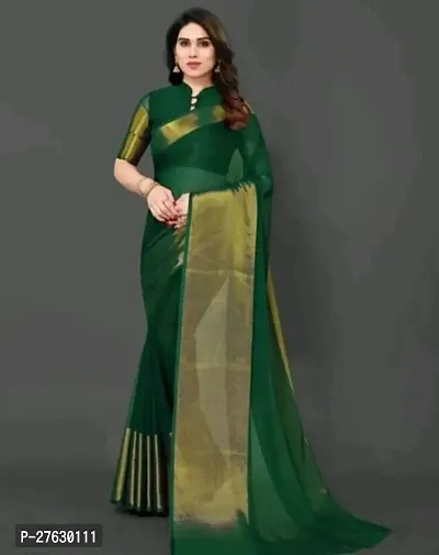 Women chiffon saree with weaving zari border saree with  Unstitched Blouse Piecee Green-thumb0