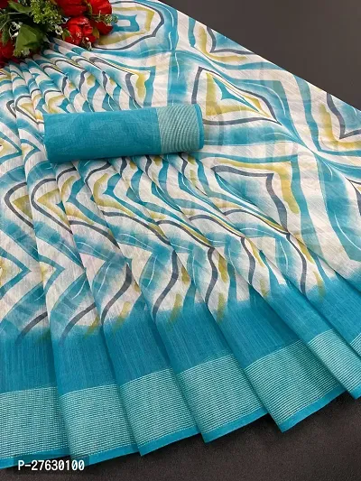 Women lilan cotton saree with  Unstitched Blouse Piecee Sky blue