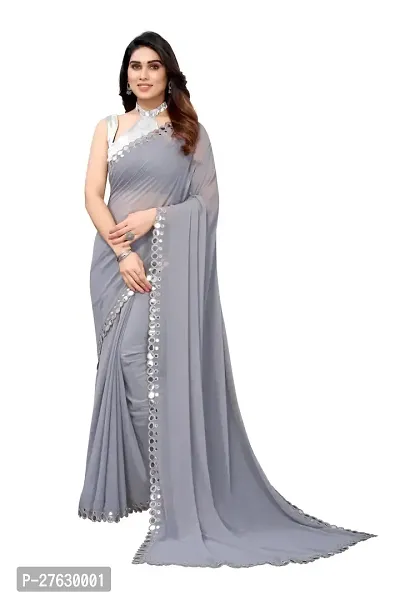 Women Georgette mirror border saree with  Unstitched Blouse Piecee grey-thumb0