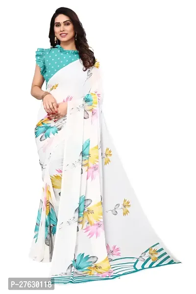 Women Georgette printed saree with  Unstitched Blouse Piecee White