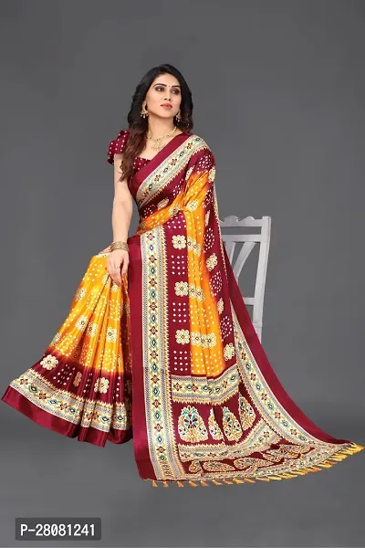 Women  poly slik printed saree with squnse les and Unstitched Blouse Piecee yellow maroon-thumb4