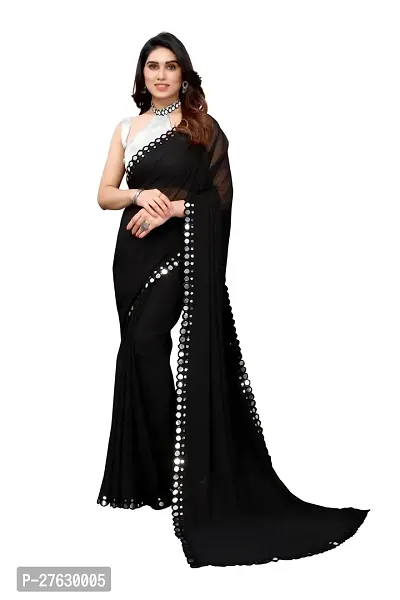 Women Georgette mirror border saree with  Unstitched Blouse Piecee black-thumb0