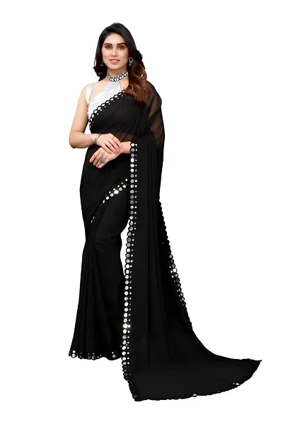 Women Georgette mirror border saree with Unstitched Blouse Piecee