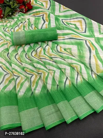 Women lilan cotton saree with  Unstitched Blouse Piecee Green
