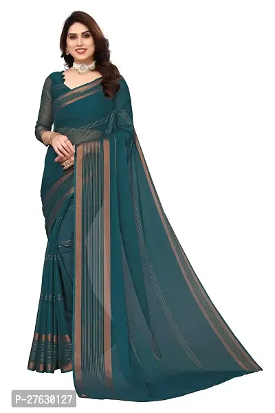 Women Chiffon weaving copper zari border saree with  Unstitched Blouse Piecee Rama-thumb0