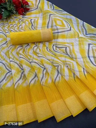 Women lilan cotton saree with  Unstitched Blouse Piecee Yellow