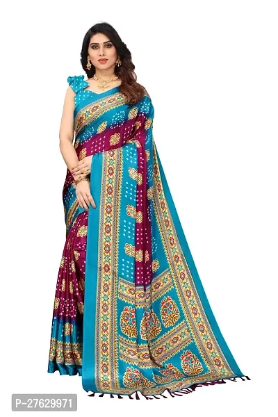 Women  poly slik printed saree with squnse les and Unstitched Blouse Piecee sky blue beat-thumb0