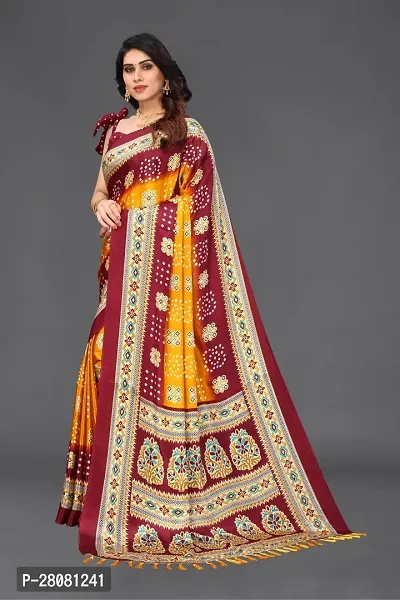 Women  poly slik printed saree with squnse les and Unstitched Blouse Piecee yellow maroon-thumb2