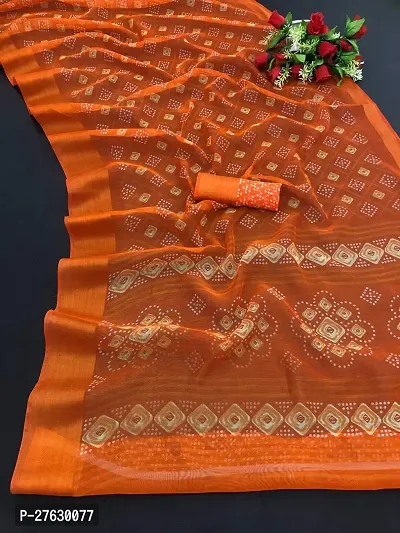 Women lilan cotton saree with  Unstitched Blouse Piecee Orange-thumb0
