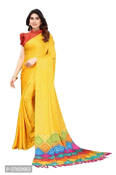 Women moss chiffon printed saree With Unstitched Blouse Piecee light yellow