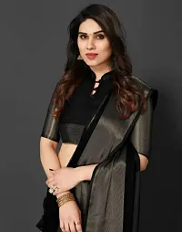 Women chiffon saree with weaving zari border saree with  Unstitched Blouse Piecee Black-thumb1