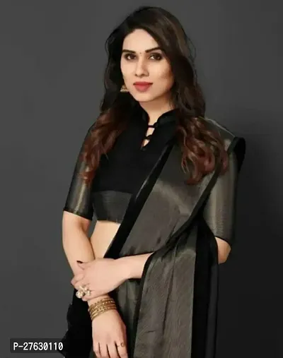 Women chiffon saree with weaving zari border saree with  Unstitched Blouse Piecee Black-thumb2