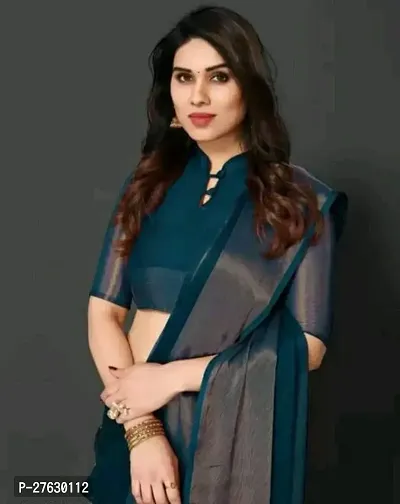 Women chiffon saree with weaving zari border saree with  Unstitched Blouse Piecee Rama-thumb2