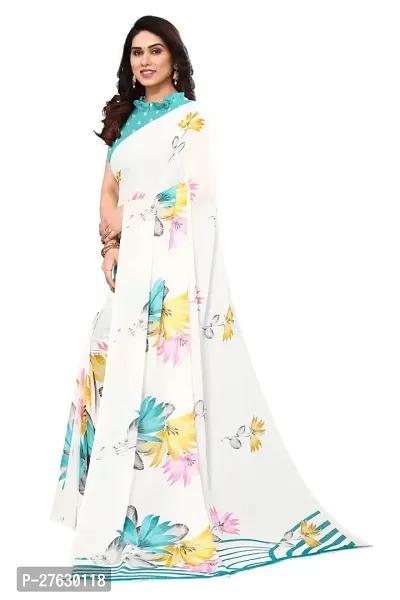 Women Georgette printed saree with  Unstitched Blouse Piecee White-thumb2