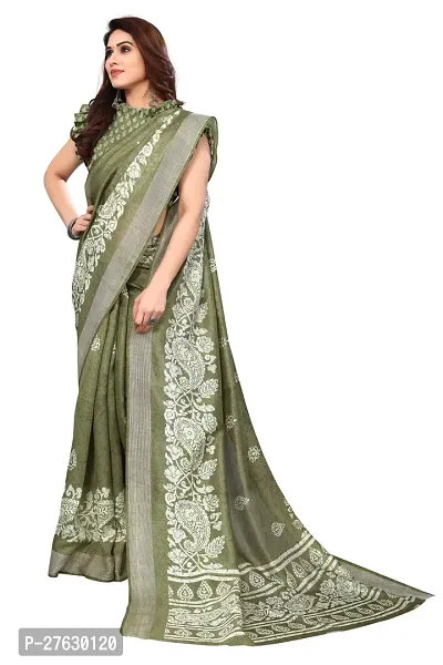 Women Cotton blend printed saree with  Unstitched Blouse Piecee Green-thumb4