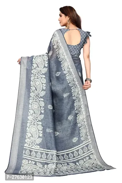 Women Cotton blend printed saree with  Unstitched Blouse Piecee Grey-thumb3