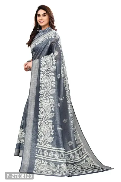 Women Cotton blend printed saree with  Unstitched Blouse Piecee Grey-thumb4