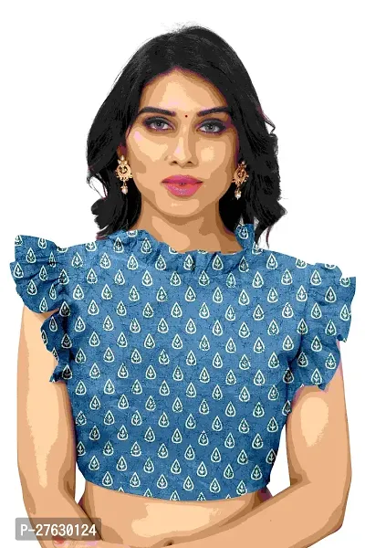 Women Cotton blend printed saree with  Unstitched Blouse Piecee Sky blue-thumb2