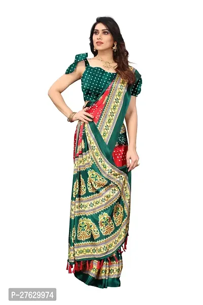 Women  poly slik printed saree with squnse les and Unstitched Blouse Piecee green pink-thumb3