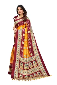 Women  poly slik printed saree with squnse les and Unstitched Blouse Piecee yellow maroon-thumb2