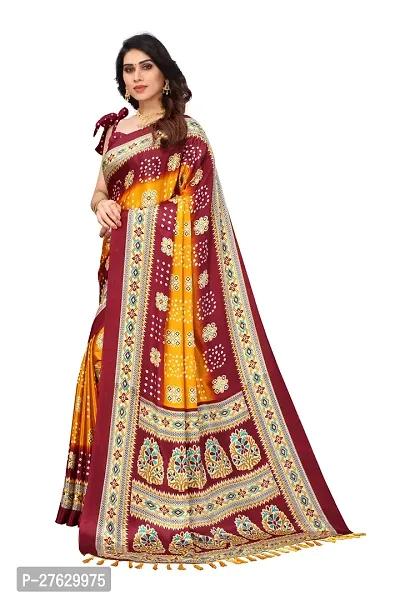 Women  poly slik printed saree with squnse les and Unstitched Blouse Piecee yellow maroon-thumb3